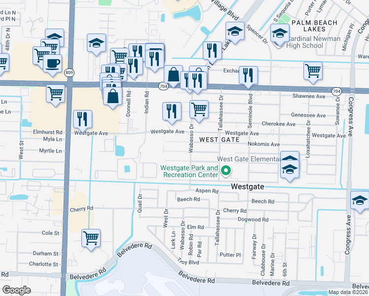 map of restaurants, bars, coffee shops, grocery stores, and more near 3908 Hiawatha Avenue in West Palm Beach