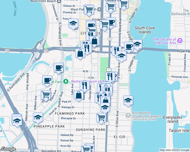 map of restaurants, bars, coffee shops, grocery stores, and more near 1304 Florida Avenue in West Palm Beach