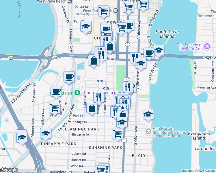 map of restaurants, bars, coffee shops, grocery stores, and more near 1304 Florida Avenue in West Palm Beach