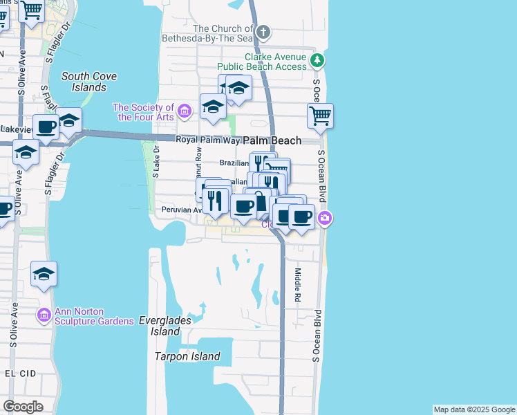 map of restaurants, bars, coffee shops, grocery stores, and more near 220 Peruvian Avenue in Palm Beach