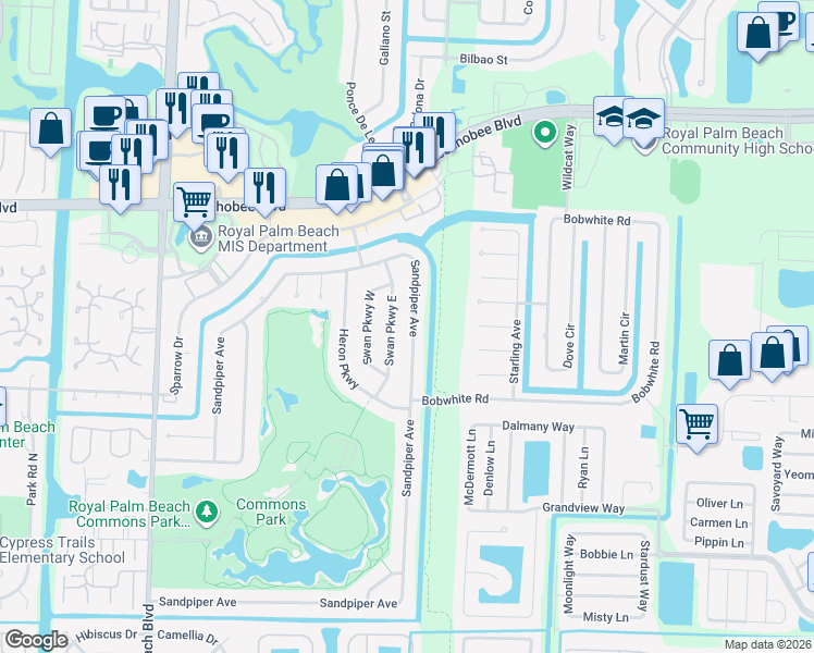 map of restaurants, bars, coffee shops, grocery stores, and more near 255 Sandpiper Avenue in Royal Palm Beach