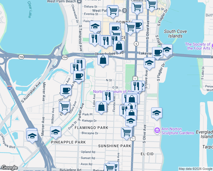 map of restaurants, bars, coffee shops, grocery stores, and more near in West Palm Beach
