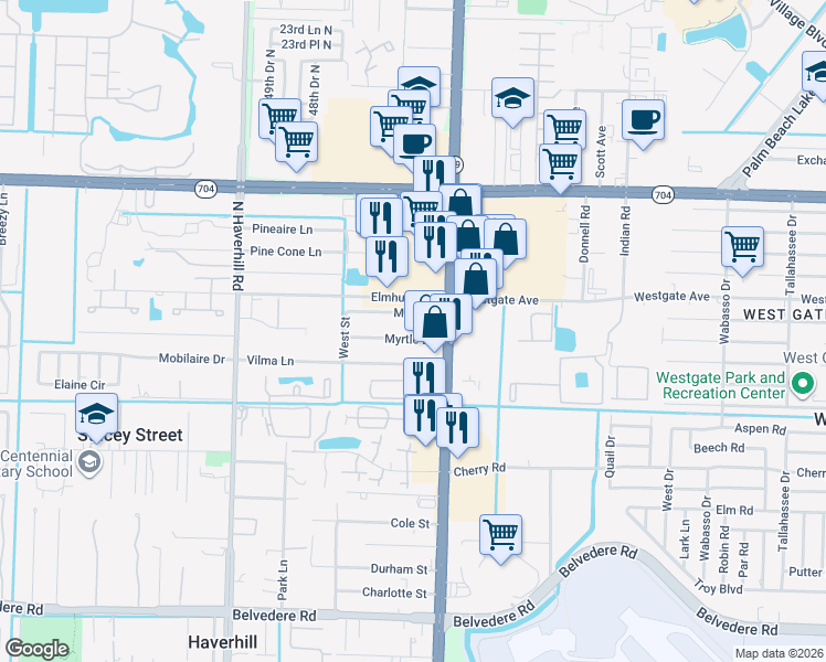 map of restaurants, bars, coffee shops, grocery stores, and more near 4583 Myrtle Lane in West Palm Beach