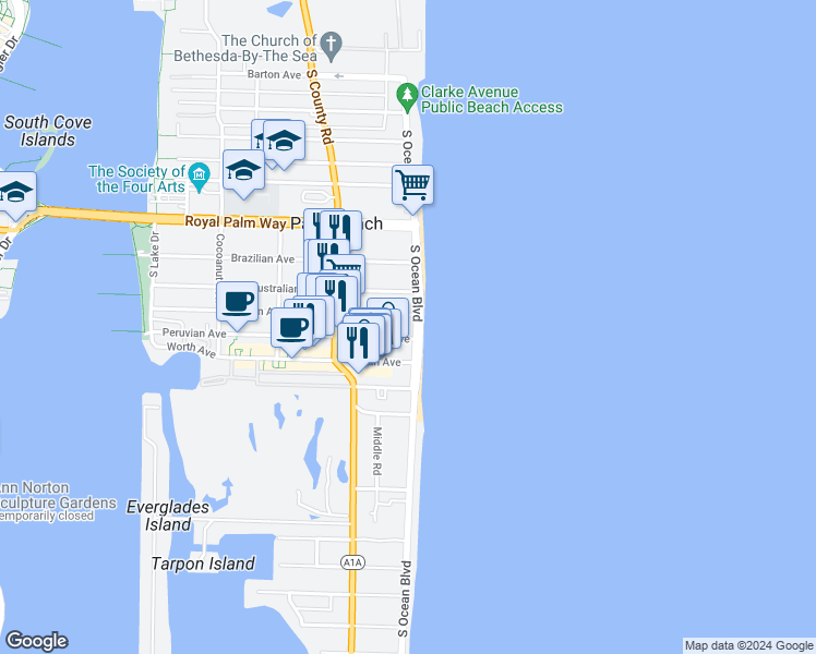 map of restaurants, bars, coffee shops, grocery stores, and more near 122 Peruvian Avenue in Palm Beach