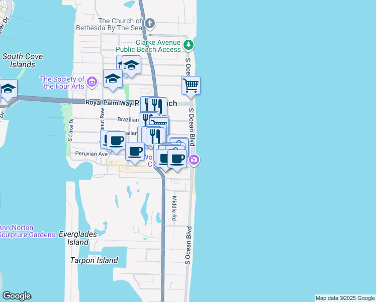 map of restaurants, bars, coffee shops, grocery stores, and more near 122 Peruvian Avenue in Palm Beach