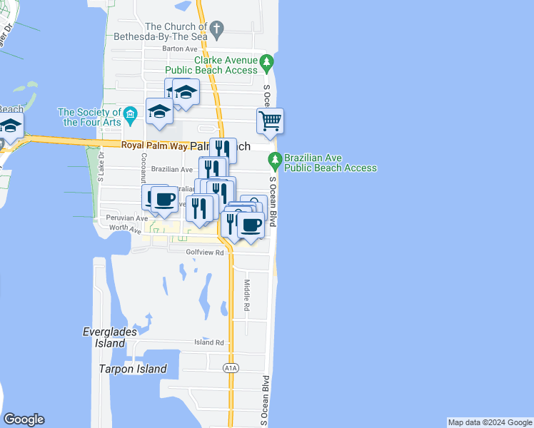 map of restaurants, bars, coffee shops, grocery stores, and more near 400 South Ocean Boulevard in Palm Beach