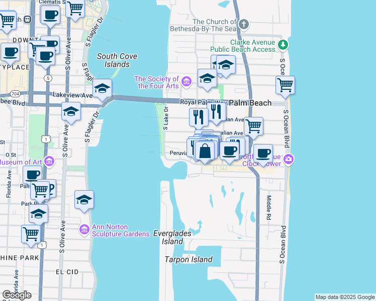 map of restaurants, bars, coffee shops, grocery stores, and more near 401 Worth Avenue in Palm Beach
