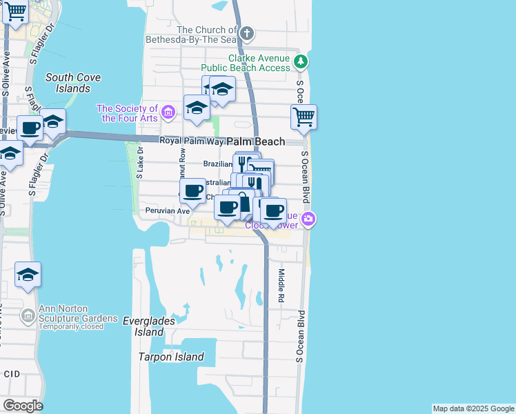 map of restaurants, bars, coffee shops, grocery stores, and more near 220 Peruvian Avenue in Palm Beach