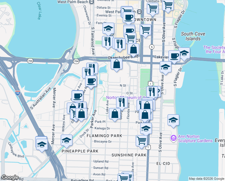 map of restaurants, bars, coffee shops, grocery stores, and more near 738 Newark Street in West Palm Beach