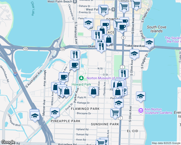 map of restaurants, bars, coffee shops, grocery stores, and more near 738 Newark Street in West Palm Beach