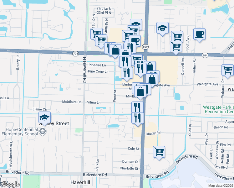 map of restaurants, bars, coffee shops, grocery stores, and more near 4720 Myrtle Lane in West Palm Beach
