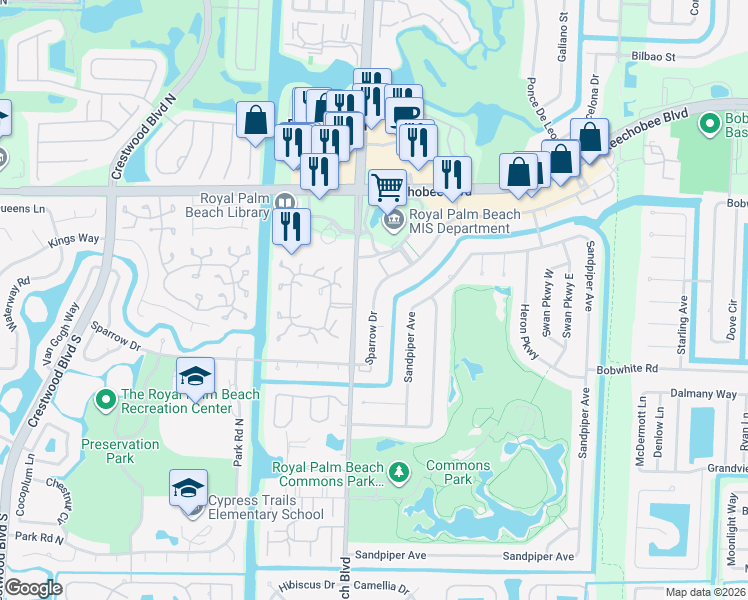 map of restaurants, bars, coffee shops, grocery stores, and more near 1036 Royal Palm Beach Boulevard in Royal Palm Beach