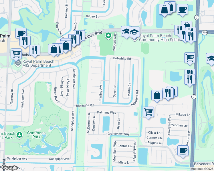 map of restaurants, bars, coffee shops, grocery stores, and more near 138 Dove Circle in Royal Palm Beach