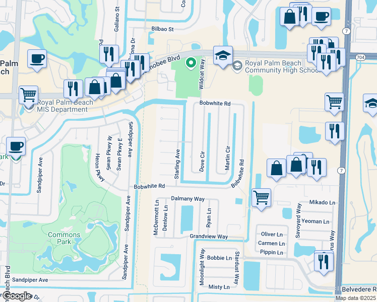 map of restaurants, bars, coffee shops, grocery stores, and more near 138 Dove Circle in Royal Palm Beach