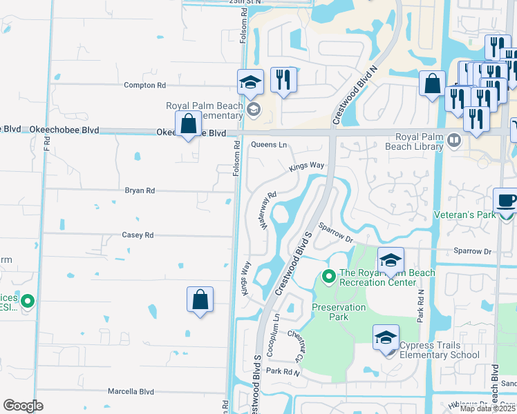 map of restaurants, bars, coffee shops, grocery stores, and more near 126 Waterway Road in Royal Palm Beach