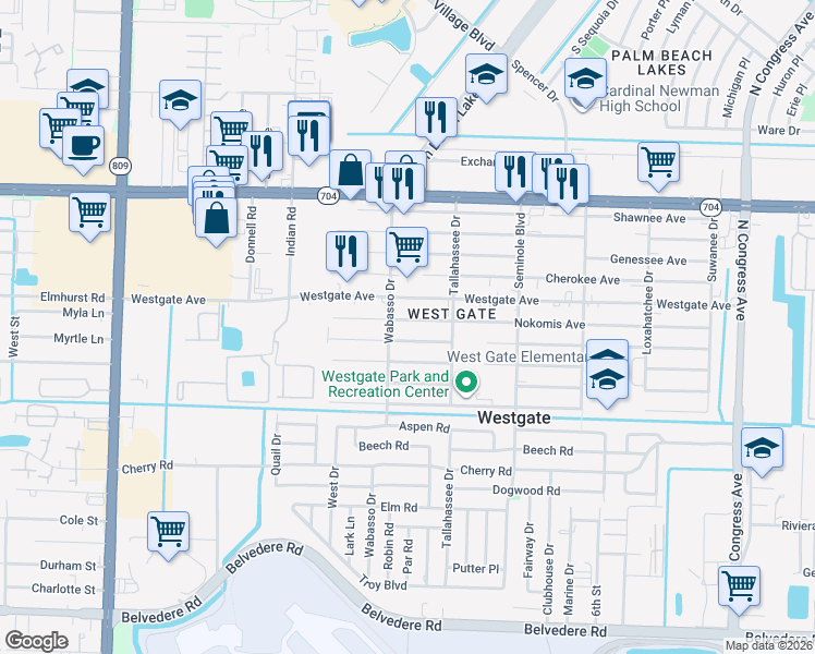 map of restaurants, bars, coffee shops, grocery stores, and more near 3826 Hiawatha Avenue in West Palm Beach
