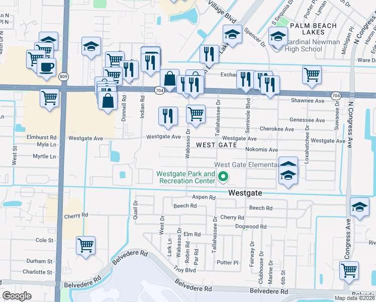 map of restaurants, bars, coffee shops, grocery stores, and more near 3826 Hiawatha Avenue in West Palm Beach