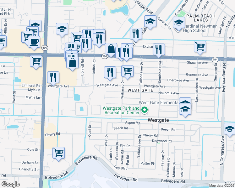 map of restaurants, bars, coffee shops, grocery stores, and more near 3908 Hiawatha Avenue in West Palm Beach