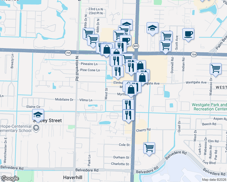 map of restaurants, bars, coffee shops, grocery stores, and more near 4720 Myrtle Lane in West Palm Beach