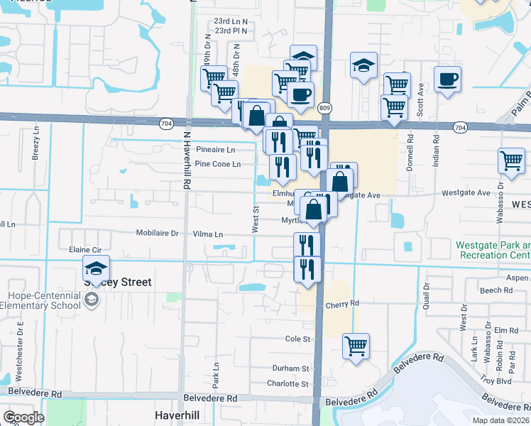 map of restaurants, bars, coffee shops, grocery stores, and more near 4720 Myrtle Lane in West Palm Beach