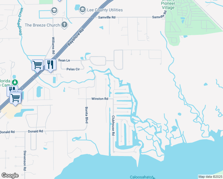 map of restaurants, bars, coffee shops, grocery stores, and more near 2425 Club House Road in North Fort Myers