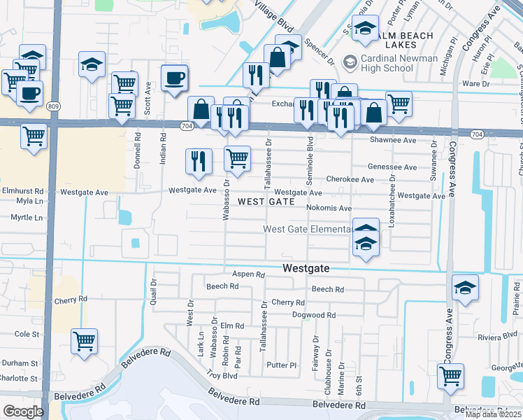 map of restaurants, bars, coffee shops, grocery stores, and more near 2800 Hiawatha Avenue in West Palm Beach