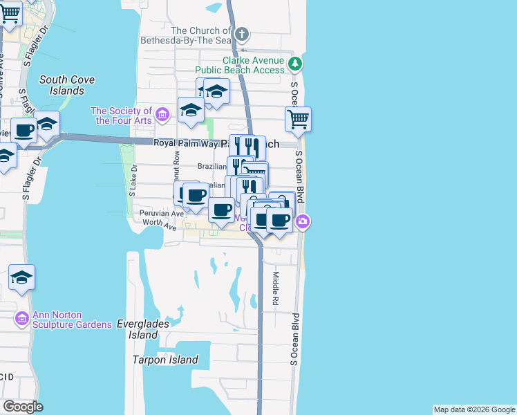 map of restaurants, bars, coffee shops, grocery stores, and more near 170 Chilean Avenue in Palm Beach