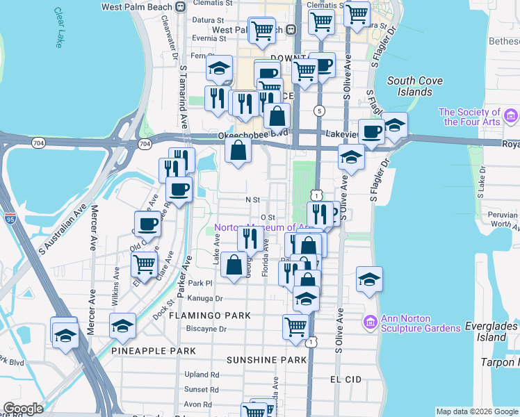 map of restaurants, bars, coffee shops, grocery stores, and more near 1211 Florida Avenue in West Palm Beach
