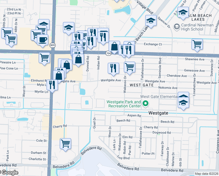 map of restaurants, bars, coffee shops, grocery stores, and more near 2952 Hiawatha Avenue in West Palm Beach