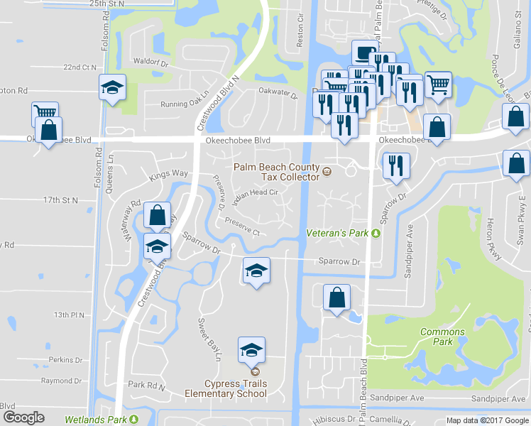 map of restaurants, bars, coffee shops, grocery stores, and more near 499 Iron Forge Court in Royal Palm Beach