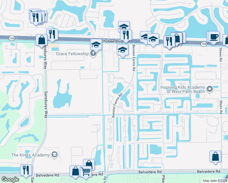 map of restaurants, bars, coffee shops, grocery stores, and more near 1521 Windorah Way in Royal Palm Beach