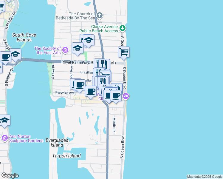 map of restaurants, bars, coffee shops, grocery stores, and more near 156 Peruvian Avenue in Palm Beach