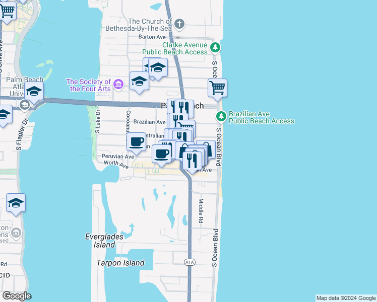 map of restaurants, bars, coffee shops, grocery stores, and more near 156 Peruvian Avenue in Palm Beach