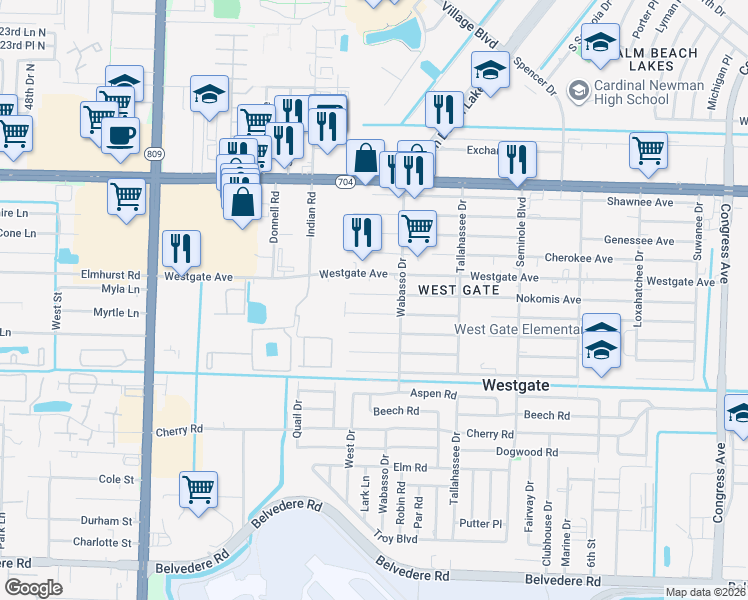 map of restaurants, bars, coffee shops, grocery stores, and more near 3908 Hiawatha Avenue in West Palm Beach