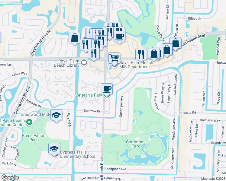 map of restaurants, bars, coffee shops, grocery stores, and more near 345 Sandpiper Avenue in Royal Palm Beach