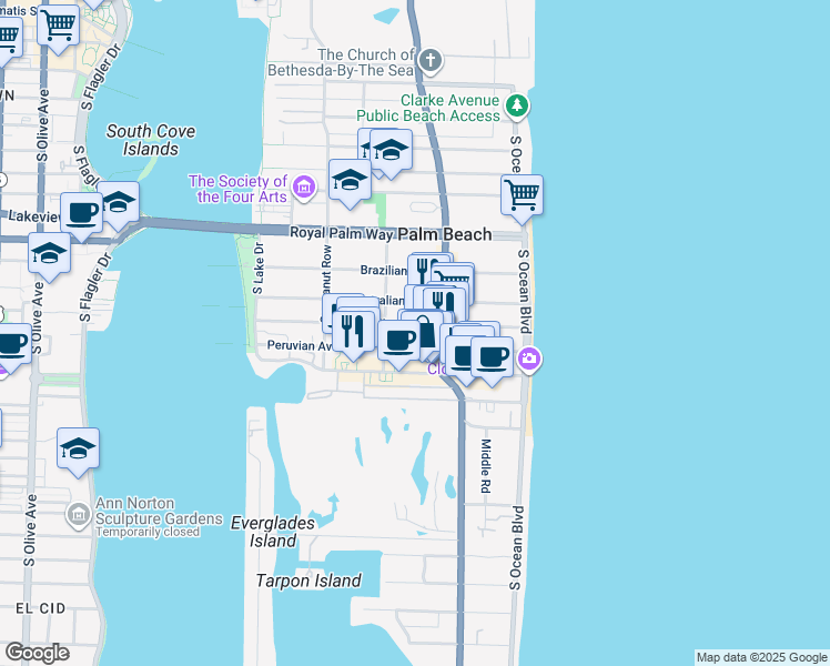 map of restaurants, bars, coffee shops, grocery stores, and more near 220 Peruvian Avenue in Palm Beach