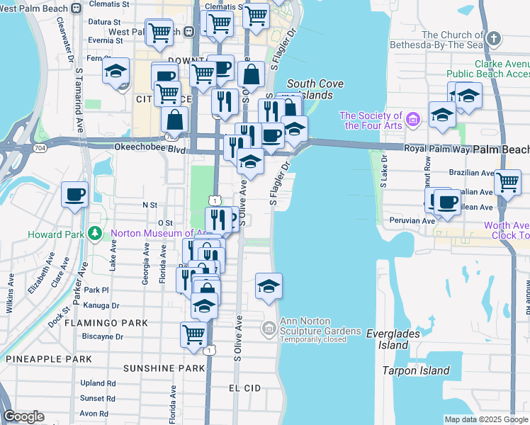 map of restaurants, bars, coffee shops, grocery stores, and more near 1315 South Flagler Drive in West Palm Beach