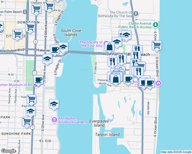 map of restaurants, bars, coffee shops, grocery stores, and more near 389 South Lake Drive in Palm Beach
