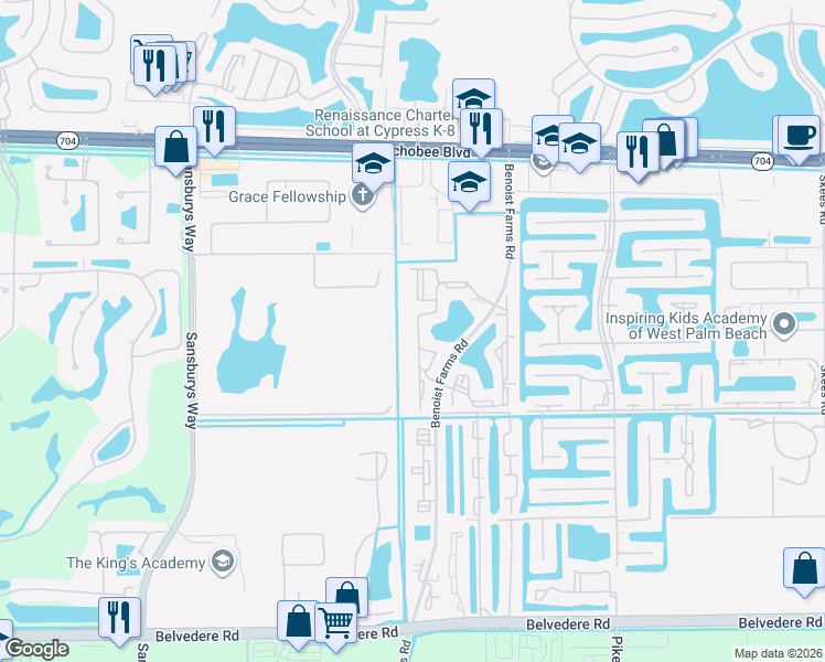 map of restaurants, bars, coffee shops, grocery stores, and more near 1561 Balfour Point Drive in West Palm Beach