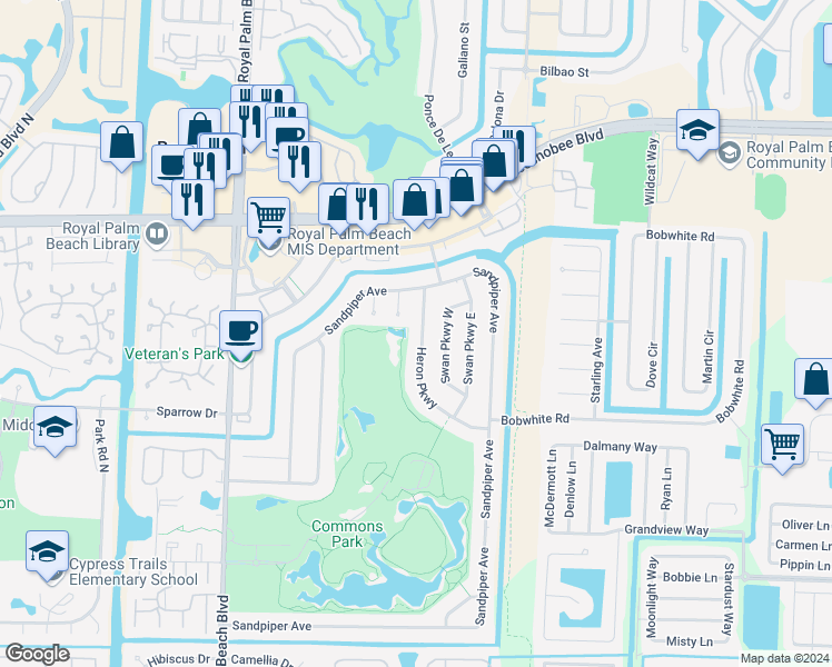 map of restaurants, bars, coffee shops, grocery stores, and more near 139 Heron Parkway in Royal Palm Beach