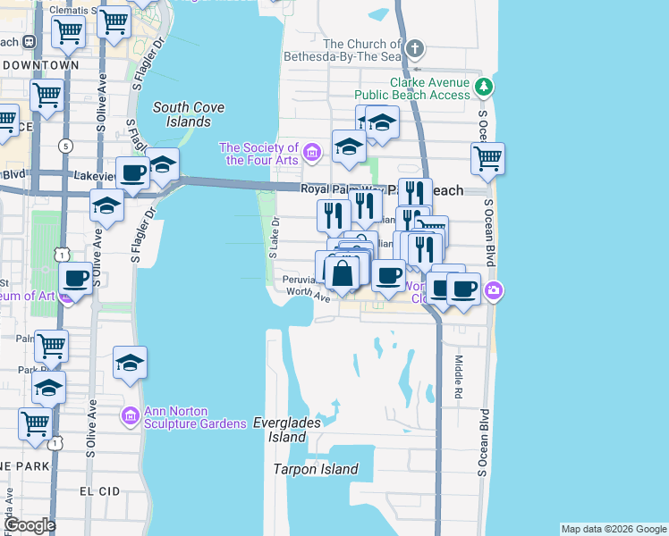 map of restaurants, bars, coffee shops, grocery stores, and more near 354 Chilean Avenue in Palm Beach