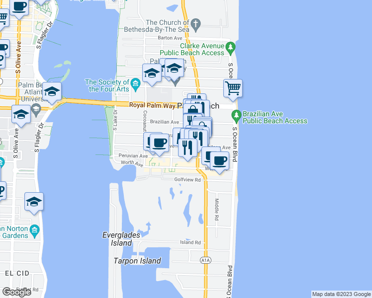 map of restaurants, bars, coffee shops, grocery stores, and more near 350 South County Road in Palm Beach