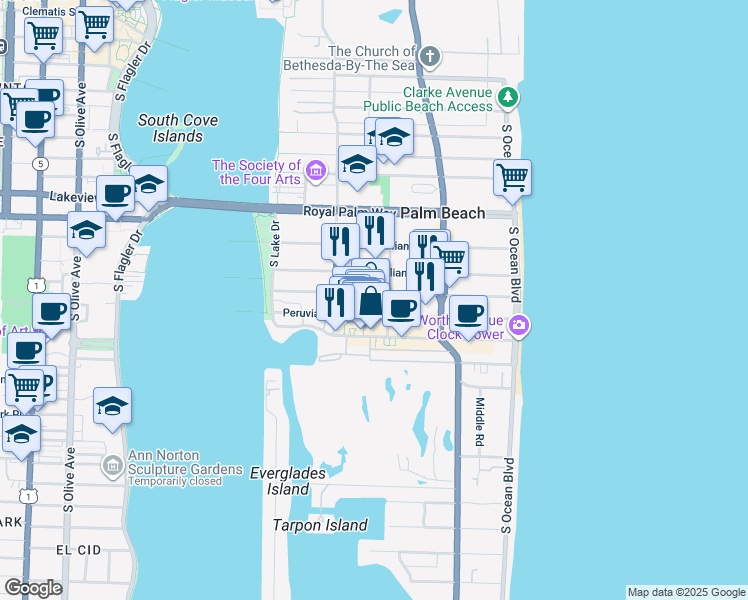 map of restaurants, bars, coffee shops, grocery stores, and more near 328 Australian Avenue in Palm Beach