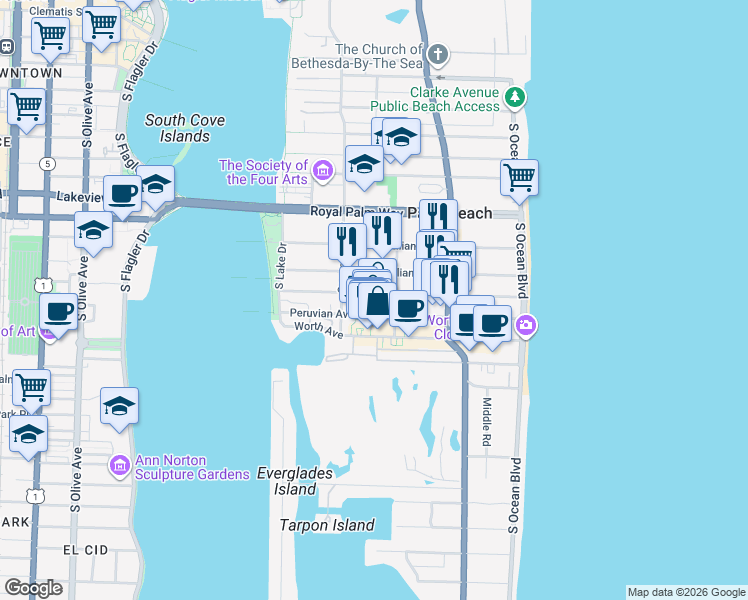map of restaurants, bars, coffee shops, grocery stores, and more near 328 Australian Avenue in Palm Beach