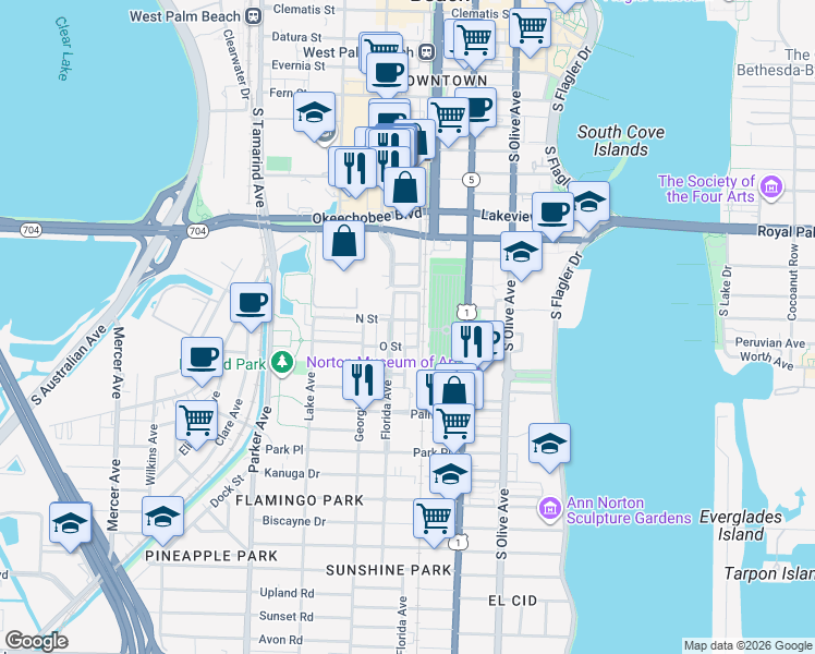 map of restaurants, bars, coffee shops, grocery stores, and more near 1114 Florida Avenue in West Palm Beach