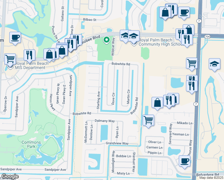 map of restaurants, bars, coffee shops, grocery stores, and more near 139 Dove Circle in Royal Palm Beach