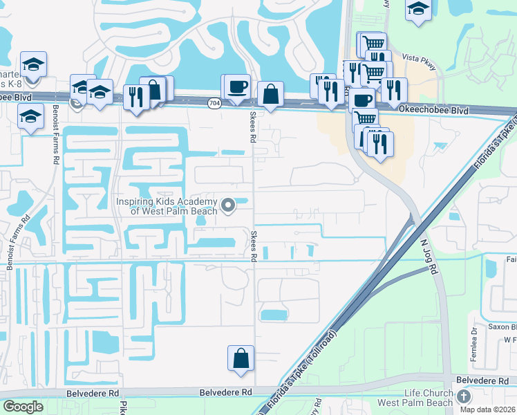 map of restaurants, bars, coffee shops, grocery stores, and more near 6983 Lakeside Road in West Palm Beach