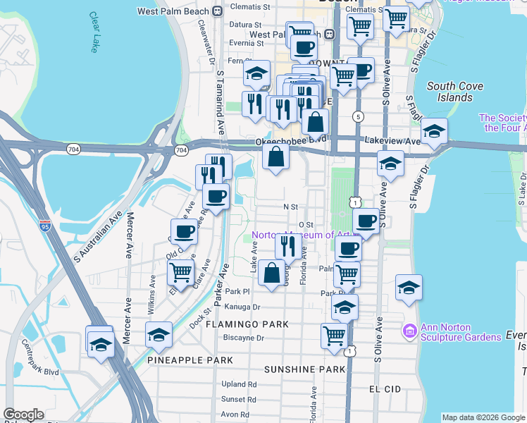 map of restaurants, bars, coffee shops, grocery stores, and more near 770 N Street in West Palm Beach