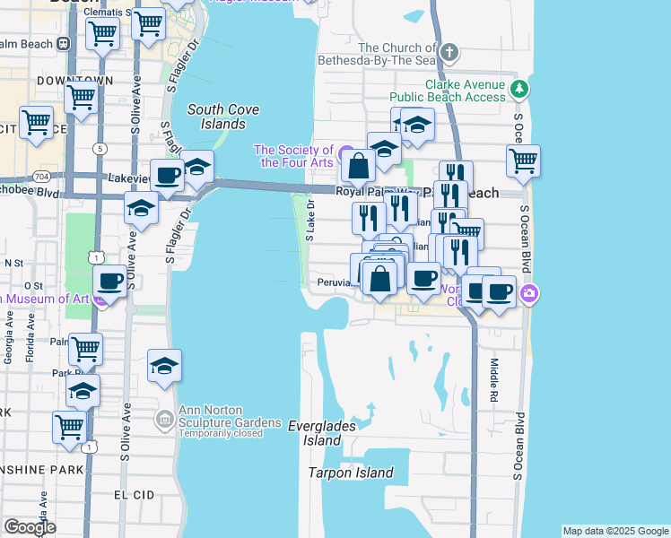 map of restaurants, bars, coffee shops, grocery stores, and more near 450 Australian Avenue in Palm Beach