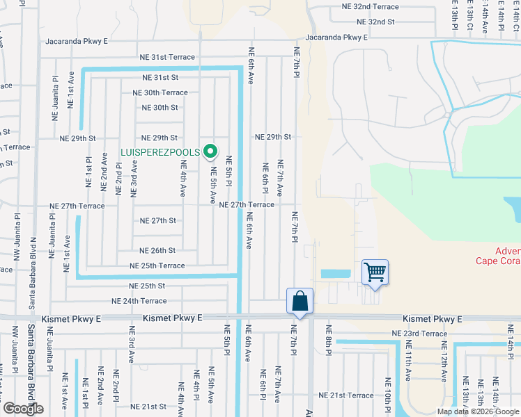 map of restaurants, bars, coffee shops, grocery stores, and more near 2724 Northeast 6th Place in Cape Coral